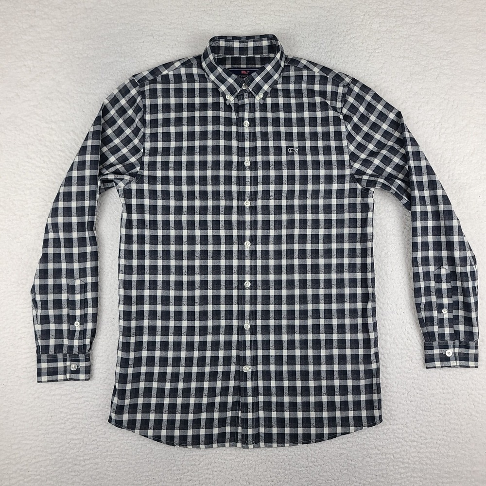 Vineyard Vines Whale Shirt Boys XL (18) Black Gray Plaid Dress Button‎ Down